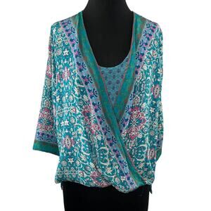 TOLANI Silk Blue Pink Paisley Boho Draped Blouse 3/4 Sleeves India Relaxed XS